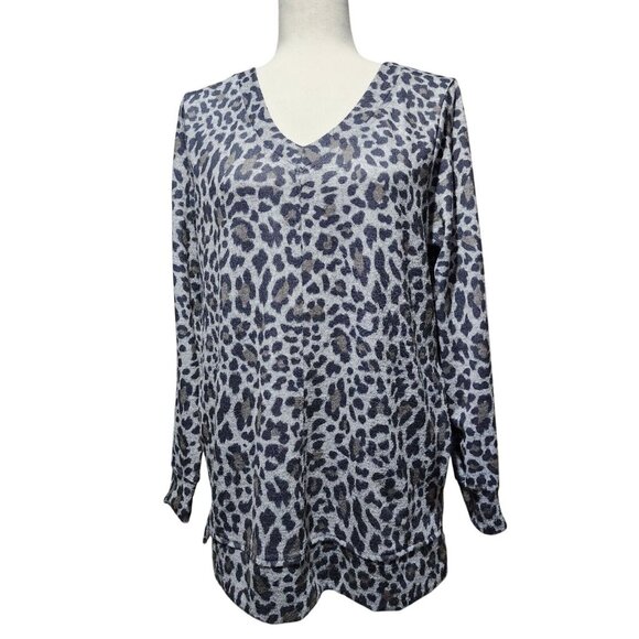 Ellen Tracy Womens Gray Animal Print VNeck Long Sleeve Warm Top Blouse Sweater M - Picture 2 of 15